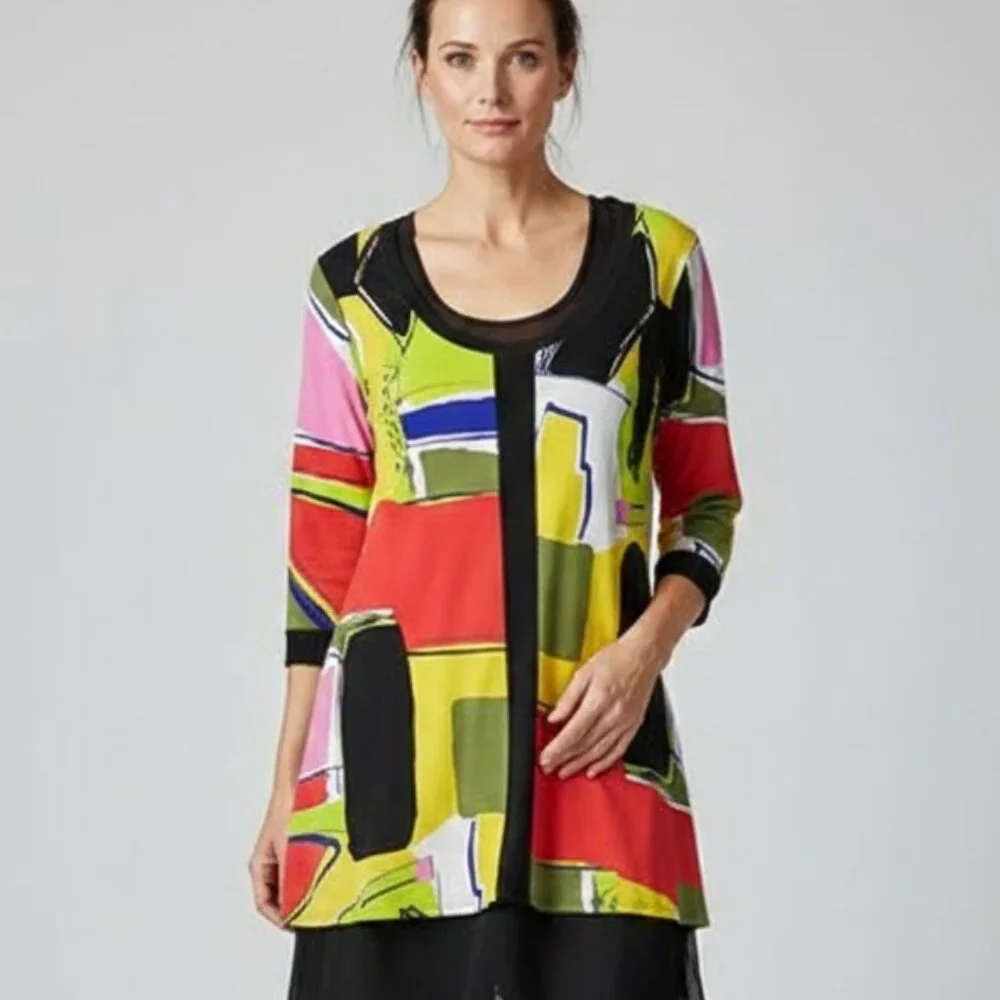 Eva Varro Tunic Top Abstract Print Colorful Art-to-Wear Slinky Lagenlook size M